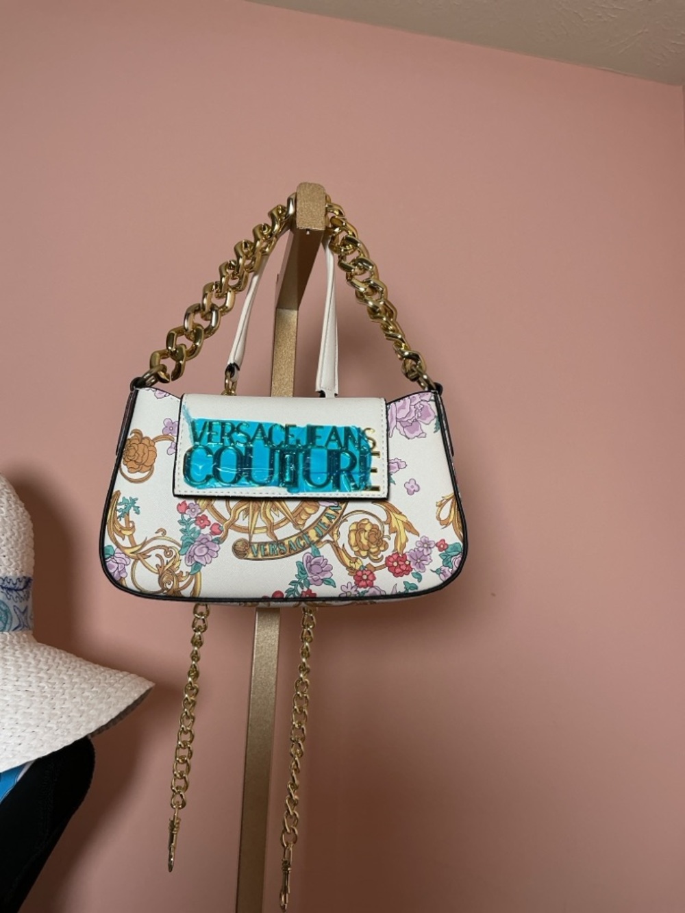 Versace Jeans Collection White Floral Logo Chain Shoulder Bag